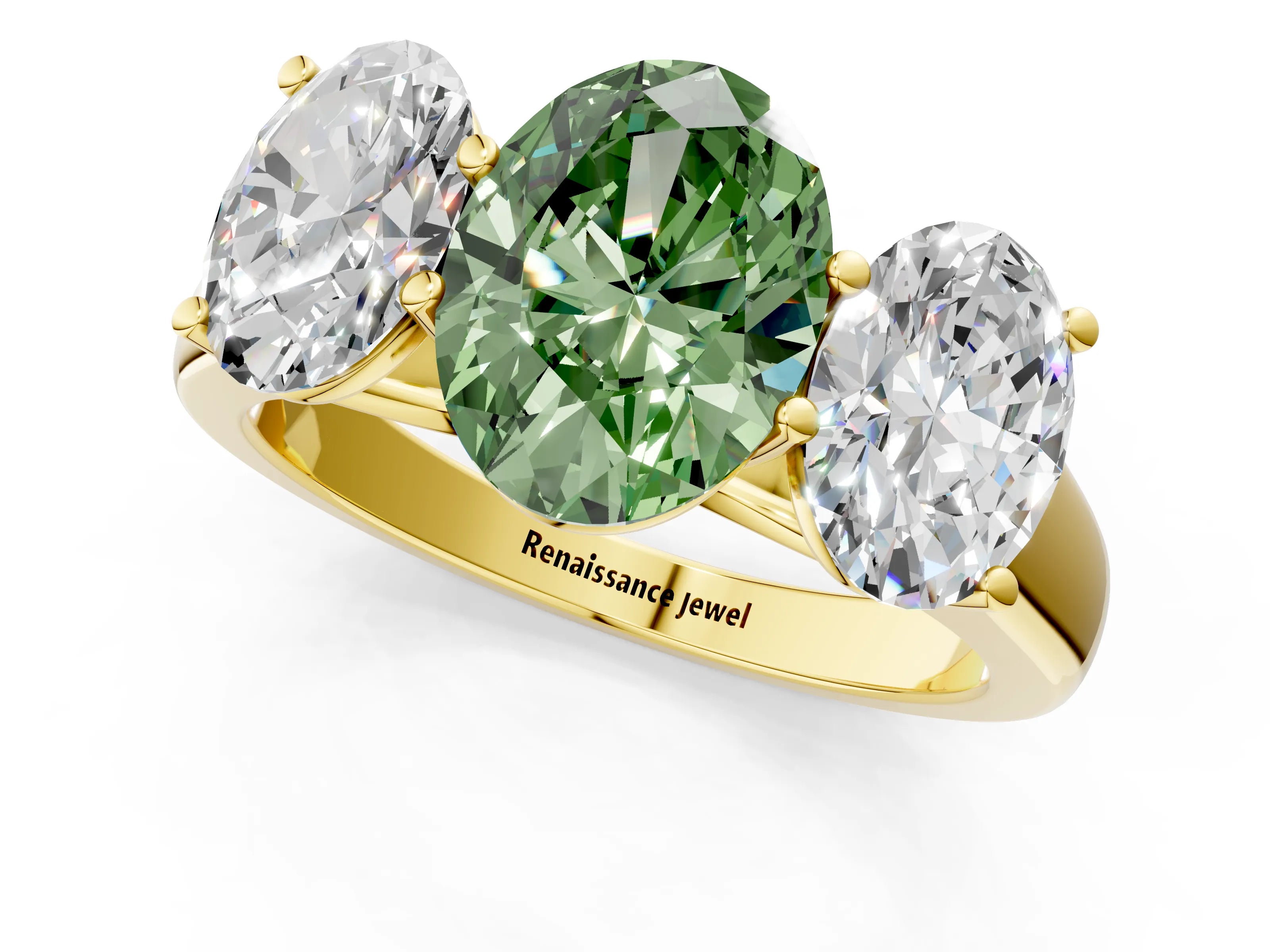 Yellow gold Fancy Green Oval Cut Three-Stone Diamond Ring with Prong Setting on a Classic Band_1