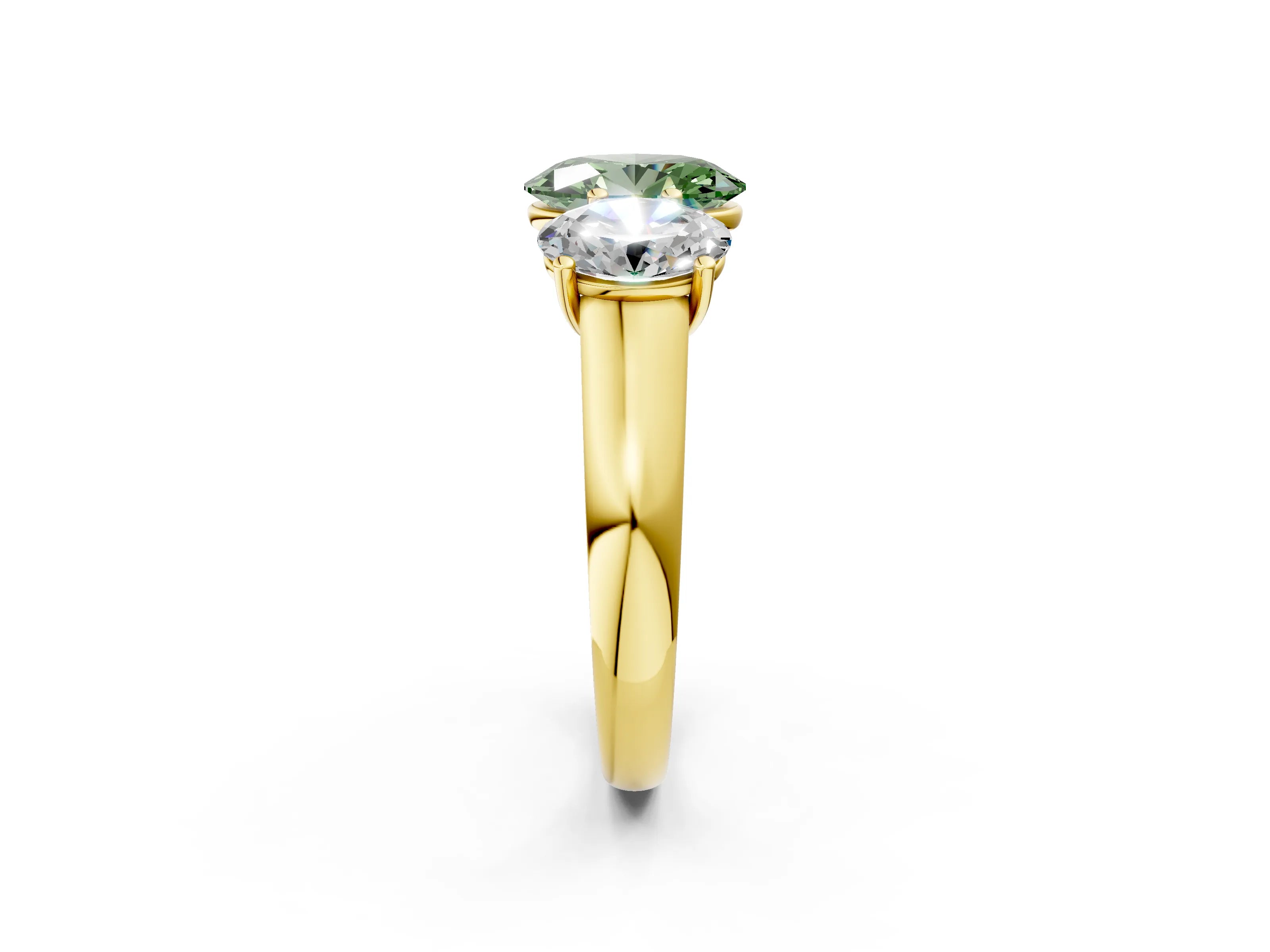 Yellow gold Fancy Green Oval Cut Three-Stone Diamond Ring with Prong Setting on a Classic Band_2