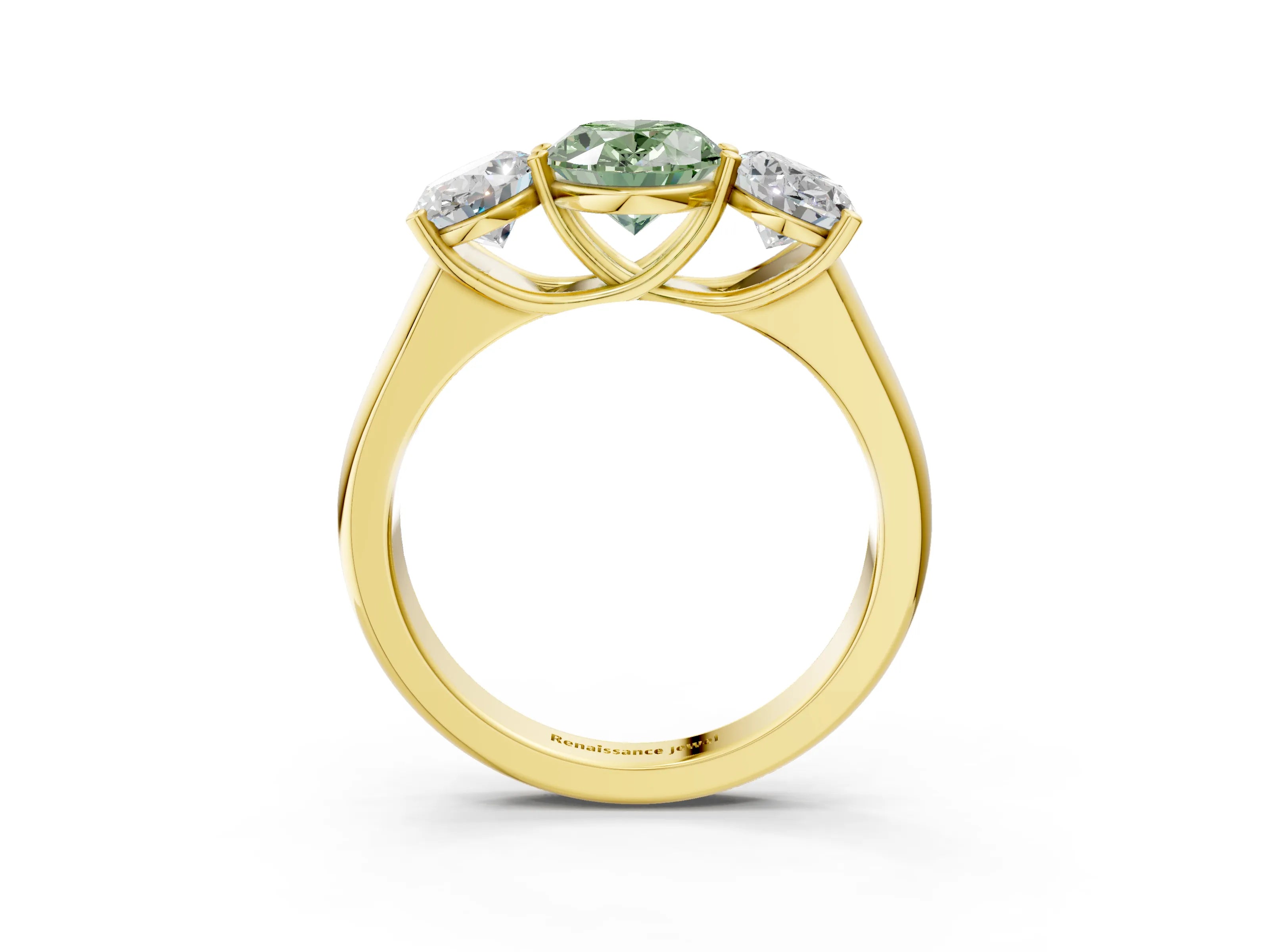 Yellow gold Fancy Green Oval Cut Three-Stone Diamond Ring with Prong Setting on a Classic Band_3