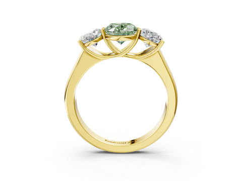 Yellow gold Fancy Green Oval Cut Three-Stone Diamond Ring with Prong Setting on a Classic Band_3