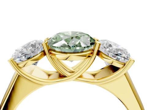 Yellow gold Fancy Green Oval Cut Three-Stone Diamond Ring with Prong Setting on a Classic Band_4