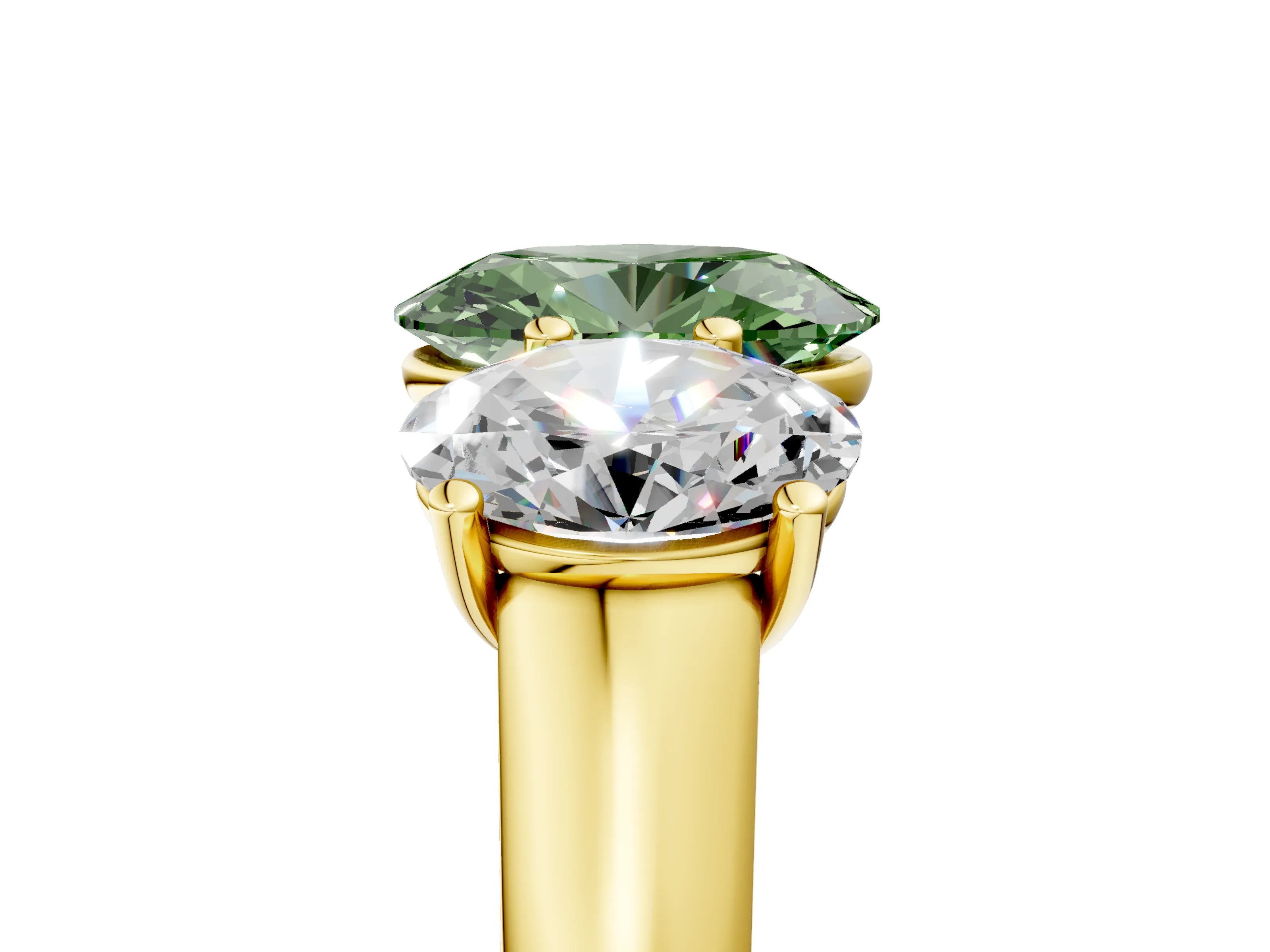 Yellow gold Fancy Green Oval Cut Three-Stone Diamond Ring with Prong Setting on a Classic Band_5