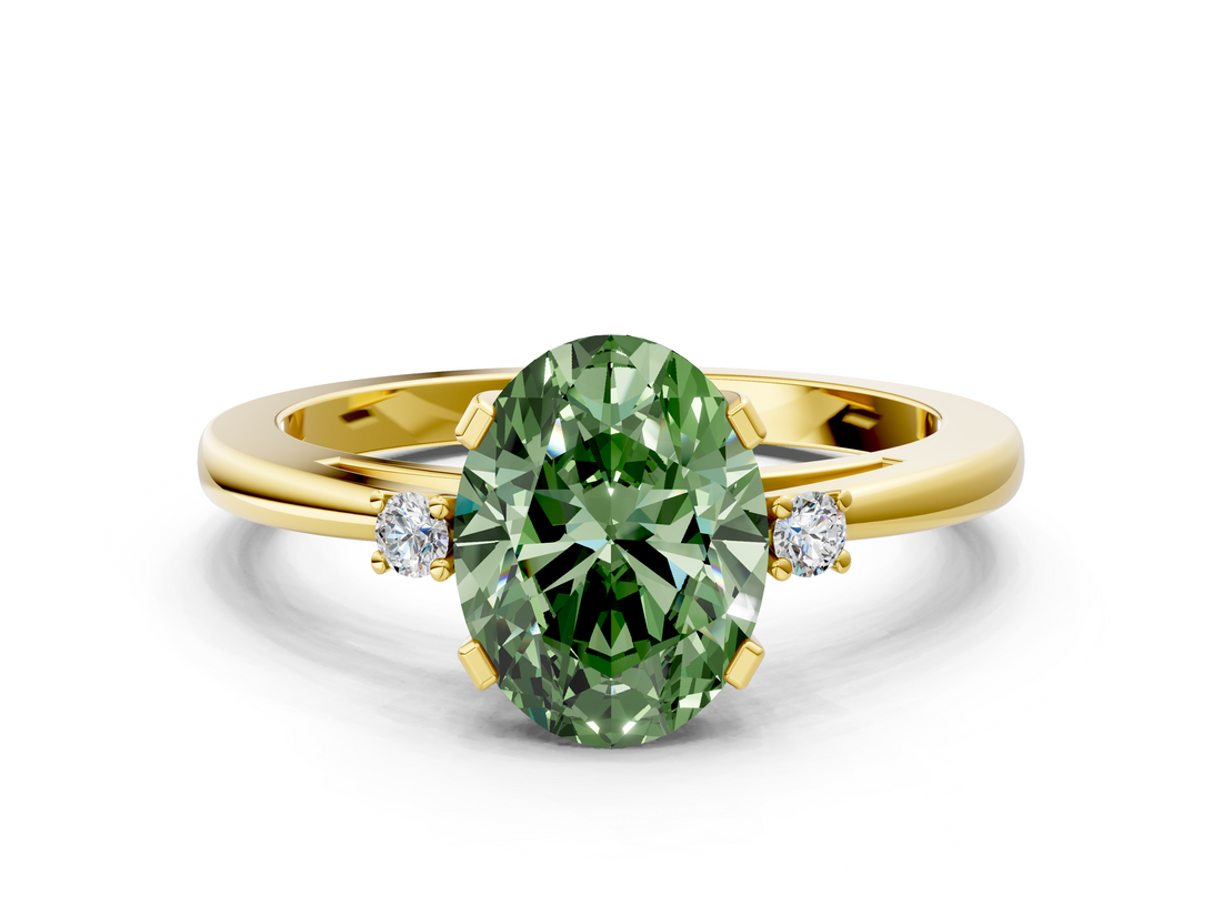 Yellow gold Fancy Green Oval  Cut Three-Stone Solitaire Ring with Round Accent Diamonds and Four-Prong Setting_21