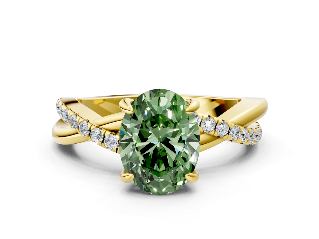 Yellow gold Fancy Green Oval  Cut Twist Band Solitaire Diamond Ring with Pavé Setting_3
