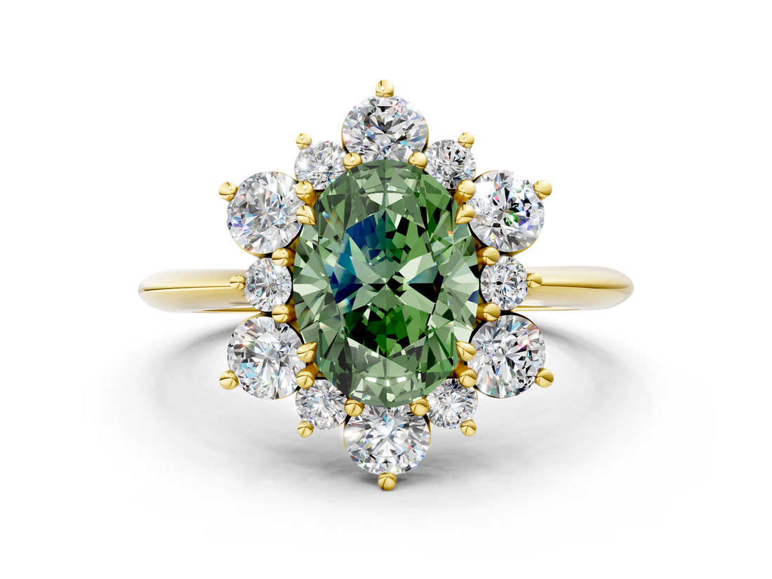 Yellow gold Fancy Green Oval  Diamond Cluster Halo Ring with Solitaire Band and Four-Prong Setting_20