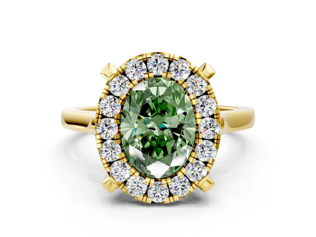 Yellow gold Fancy Green Oval  Diamond Cluster Halo Solitaire with Four-Prong Setting_109