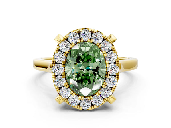 Yellow gold Fancy Green Oval  Diamond Cluster Halo Solitaire with Four-Prong Setting