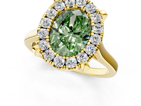 Yellow gold Fancy Green Oval  Diamond Cluster Halo Solitaire with Four-Prong Setting