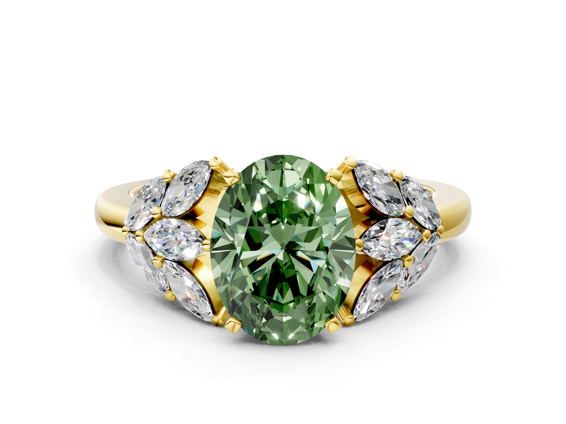 Yellow gold Fancy Green Oval  Diamond Cluster Leaf Design Ring with Prong Setting_68
