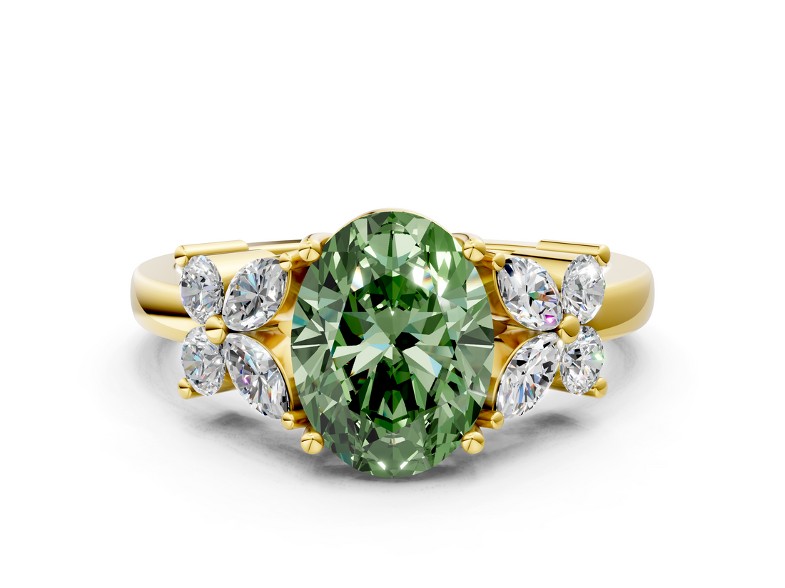 Yellow gold Fancy Green Oval  Diamond Floral Cluster Ring with Solitaire Band and Prong Setting_48