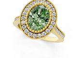 Yellow gold Fancy Green Oval  Diamond Halo Ring with Milgrain Frame and Pavé Band 1