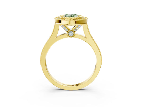 Yellow gold Fancy Green Oval  Diamond Halo Ring with Milgrain Frame and Pavé Band
