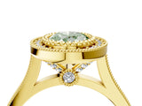 Yellow gold Fancy Green Oval  Diamond Halo Ring with Milgrain Frame and Pavé Band 4