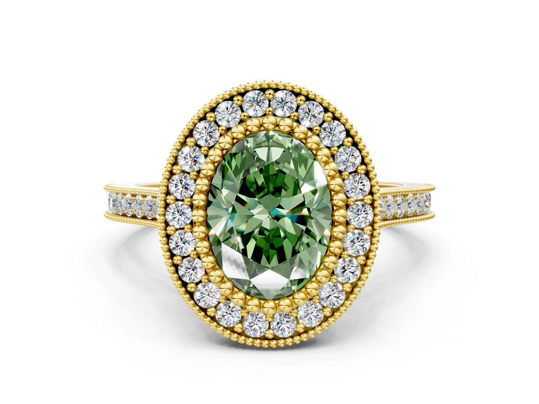 Yellow gold Fancy Green Oval  Diamond Halo Ring with Milgrain Frame and Pavé Band