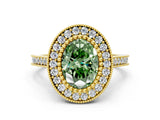 Yellow gold Fancy Green Oval  Diamond Halo Ring with Milgrain Frame and Pavé Band