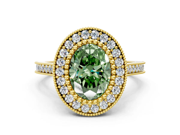 Yellow gold Fancy Green Oval  Diamond Halo Ring with Milgrain Frame and Pavé Band