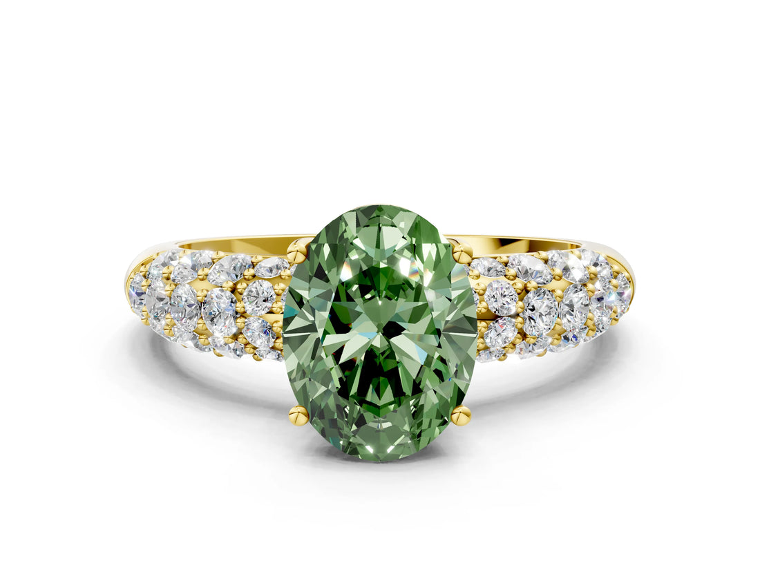 Yellow gold Fancy Green Oval  Diamond Pavé Band Solitaire Ring with Four-Prong Setting_49