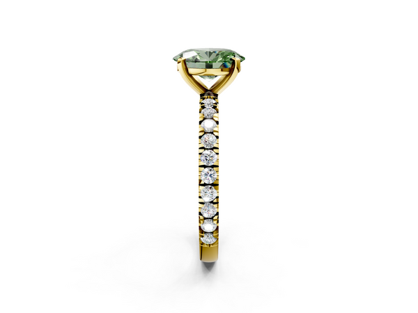 Yellow gold Fancy Green Oval  Diamond Pavé Band Solitaire with Four-Prong Setting