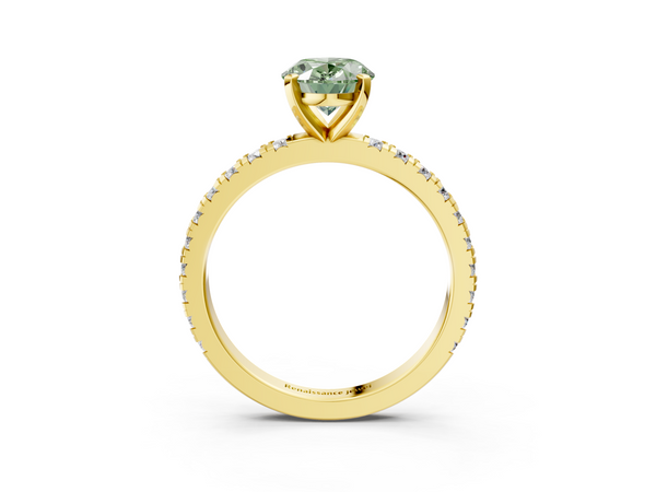 Yellow gold Fancy Green Oval  Diamond Pavé Band Solitaire with Four-Prong Setting