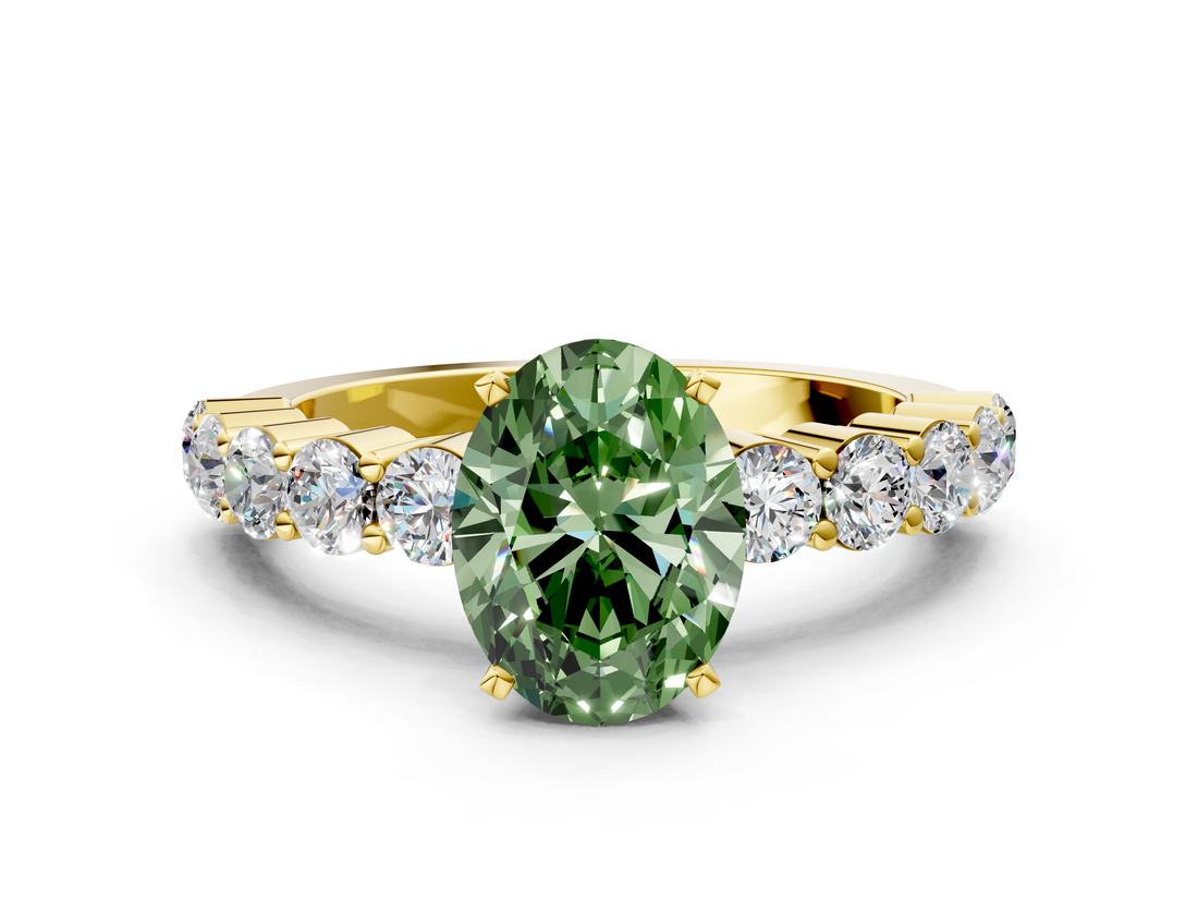 Yellow gold Fancy Green Oval  Diamond Pavé Band Solitaire with Four-Prong Setting_3