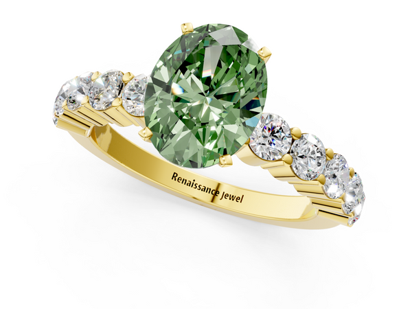 Yellow gold Fancy Green Oval  Diamond Solitaire Ring with Shared Prong Round Side Stones