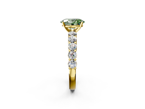 Yellow gold Fancy Green Oval  Diamond Solitaire Ring with Shared Prong Round Side Stones