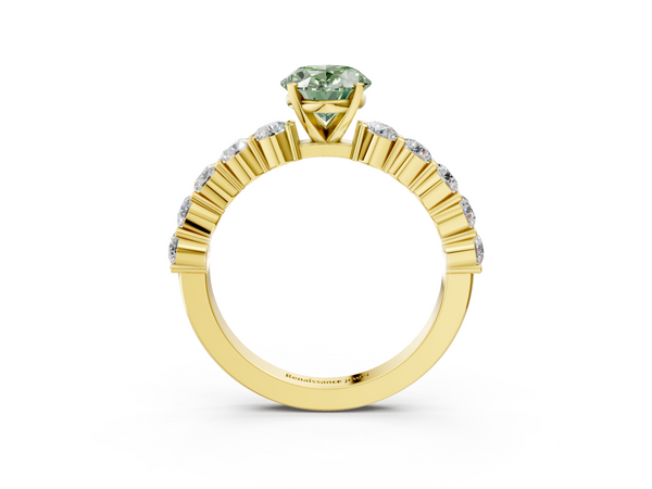 Yellow gold Fancy Green Oval  Diamond Solitaire Ring with Shared Prong Round Side Stones