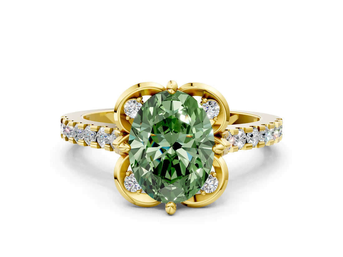 Yellow gold Fancy Green Oval  Diamond Pave Band with Floral Prong Setting_27