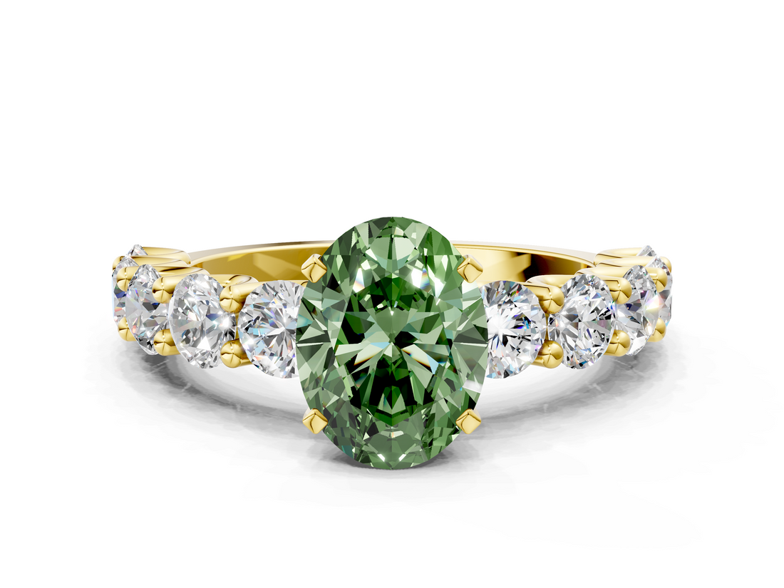 Yellow gold Fancy Green Oval  Diamond Prong Setting with Side Stones on a Pave Band_147