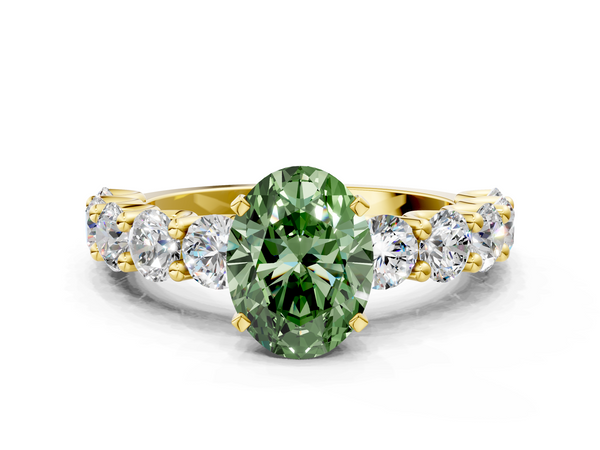 Yellow gold Fancy Green Oval Cut Diamond Prong Setting with Side Stones on a Pave Band