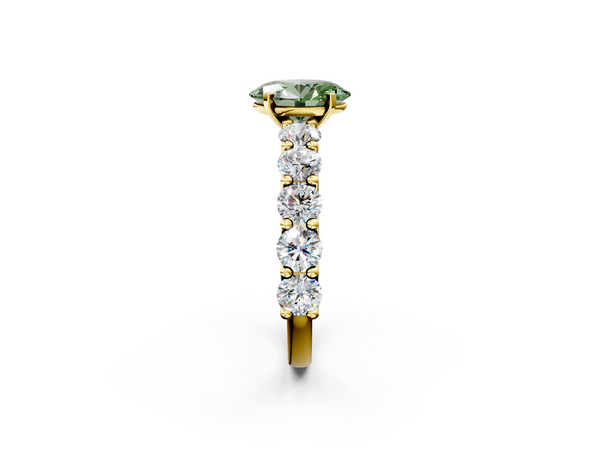 Yellow gold Fancy Green Oval Cut Diamond Prong Setting with Side Stones on a Pave Band