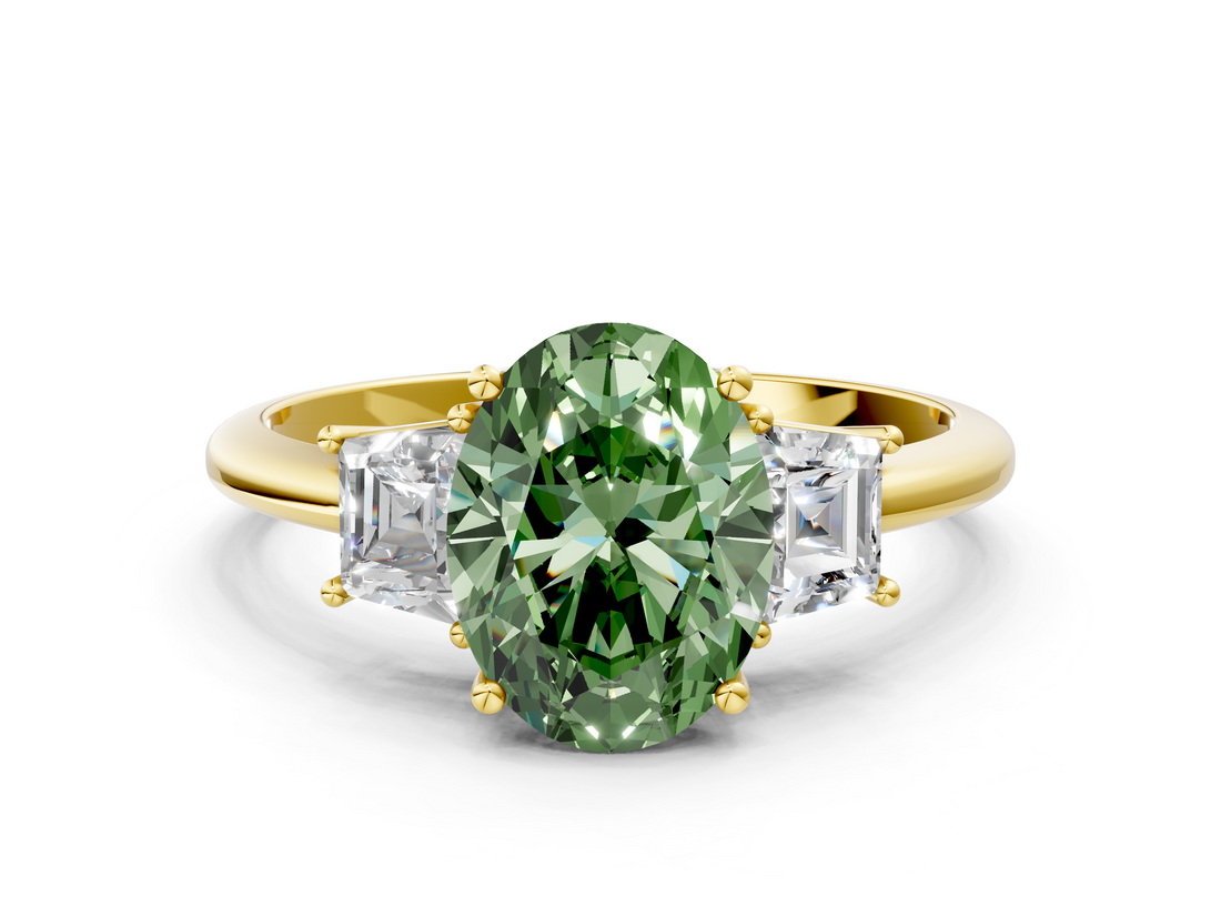 Yellow gold Fancy Green Oval  Diamond Three-Stone Ring with Trapezoid Side Stones and Prong Setting_17
