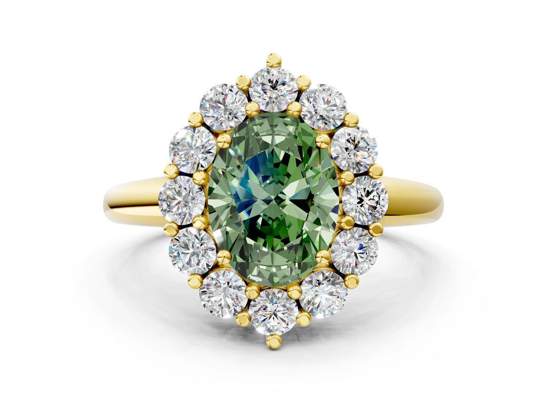 Yellow gold Fancy Green Oval  Halo Cluster Diamond Engagement Ring with Prong Setting and Polished Band_87