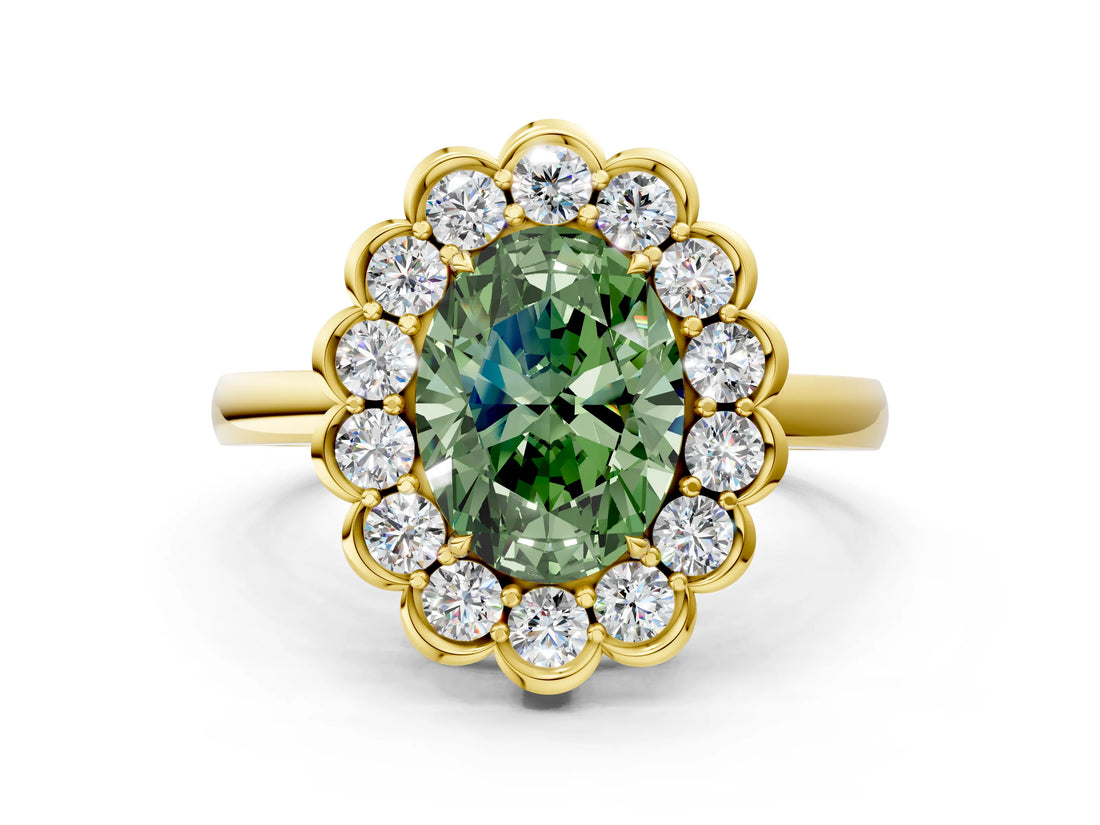 Yellow gold Fancy Green Oval  Halo Cluster Diamond Engagement Ring with Solitaire Band and Prong Setting_49