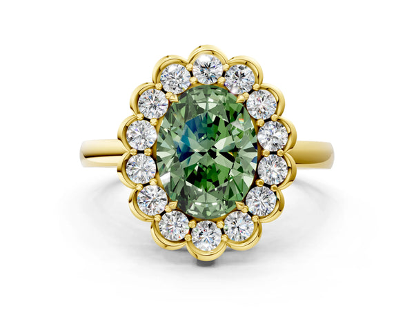 Yellow gold Fancy Green Oval  Halo Cluster Diamond Engagement Ring with Solitaire Band and Prong Setting