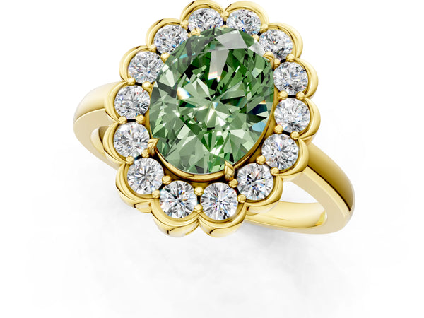 Yellow gold Fancy Green Oval  Halo Cluster Diamond Engagement Ring with Solitaire Band and Prong Setting
