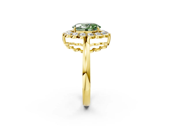 Yellow gold Fancy Green Oval  Halo Cluster Diamond Engagement Ring with Solitaire Band and Prong Setting