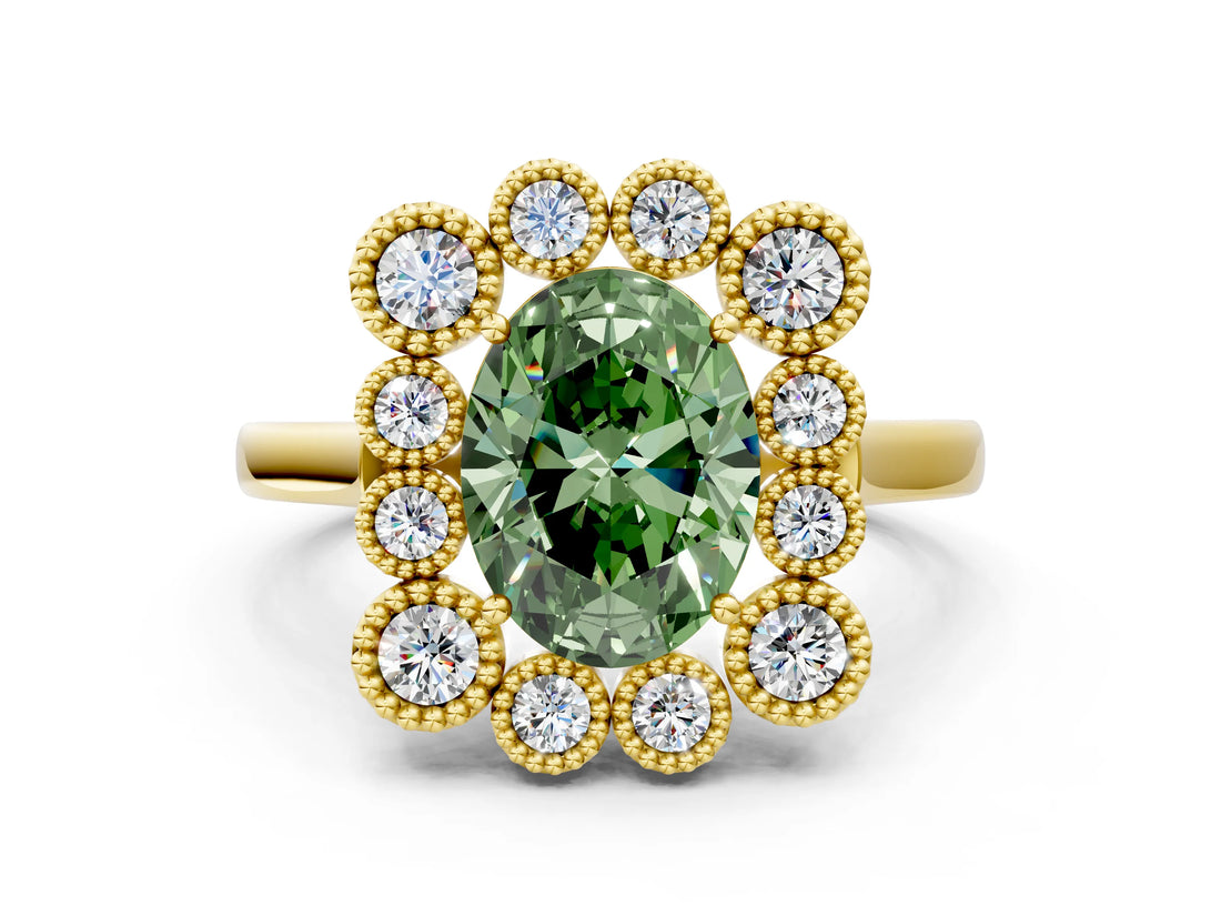 Yellow gold Fancy Green Oval  Halo Diamond Cluster Engagement Ring with Milgrain Bezel Setting and Solitaire Band_39