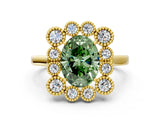 Yellow gold Fancy Green Oval  Halo Diamond Cluster Engagement Ring with Milgrain Bezel Setting and Solitaire Band_39