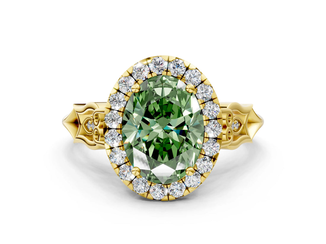 Yellow gold Fancy Green Oval  Halo Diamond Engagement Ring with Filigree Band and Four-Prong Setting_81