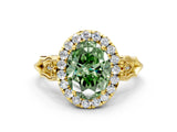 Yellow gold Fancy Green Oval  Halo Diamond Engagement Ring with Filigree Band and Four-Prong Setting_81