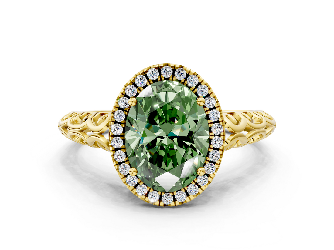 Yellow gold Fancy Green Oval  Halo Diamond Engagement Ring with Intricate Filigree Band and Four-Prong Setting_35