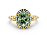 Yellow gold Fancy Green Oval  Halo Diamond Engagement Ring with Intricate Filigree Band and Four-Prong Setting_35