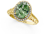Yellow gold Fancy Green Oval  Halo Diamond Engagement Ring with Intricate Filigree Band and Four-Prong Setting_36