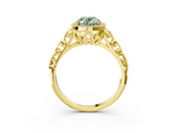 Yellow gold Fancy Green Oval  Halo Diamond Engagement Ring with Intricate Filigree Band and Four-Prong Setting_38