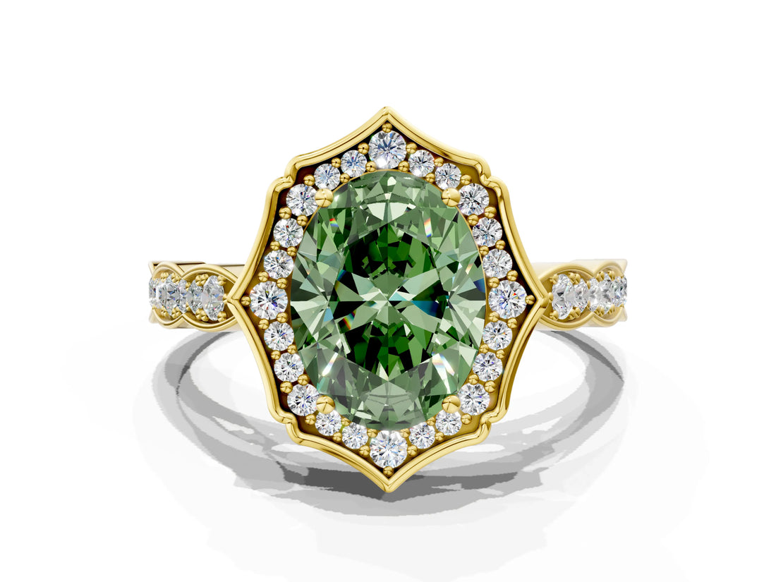 Yellow gold Fancy Green Oval  Halo Diamond Engagement Ring with Milgrain Band and Four-Prong Setting_37