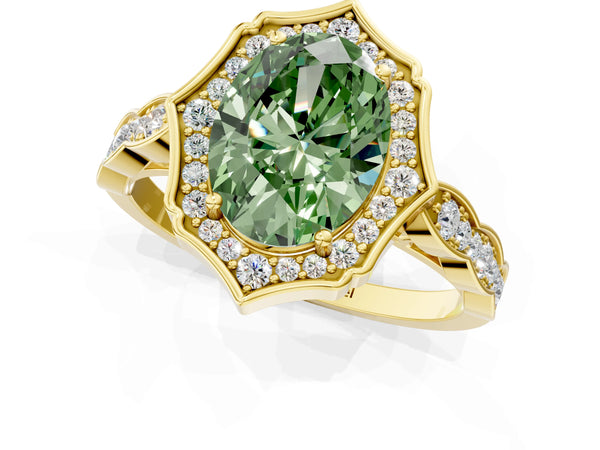 Yellow gold Fancy Green Oval  Halo Diamond Engagement Ring with Milgrain Band and Four-Prong Setting