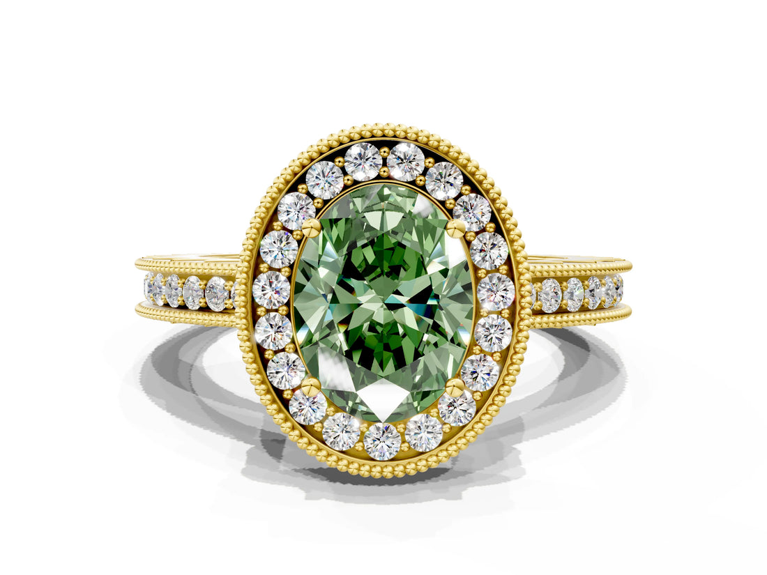 Yellow gold Fancy Green Oval  Halo Diamond Engagement Ring with Milgrain Pave Band and Four-Prong Setting_12