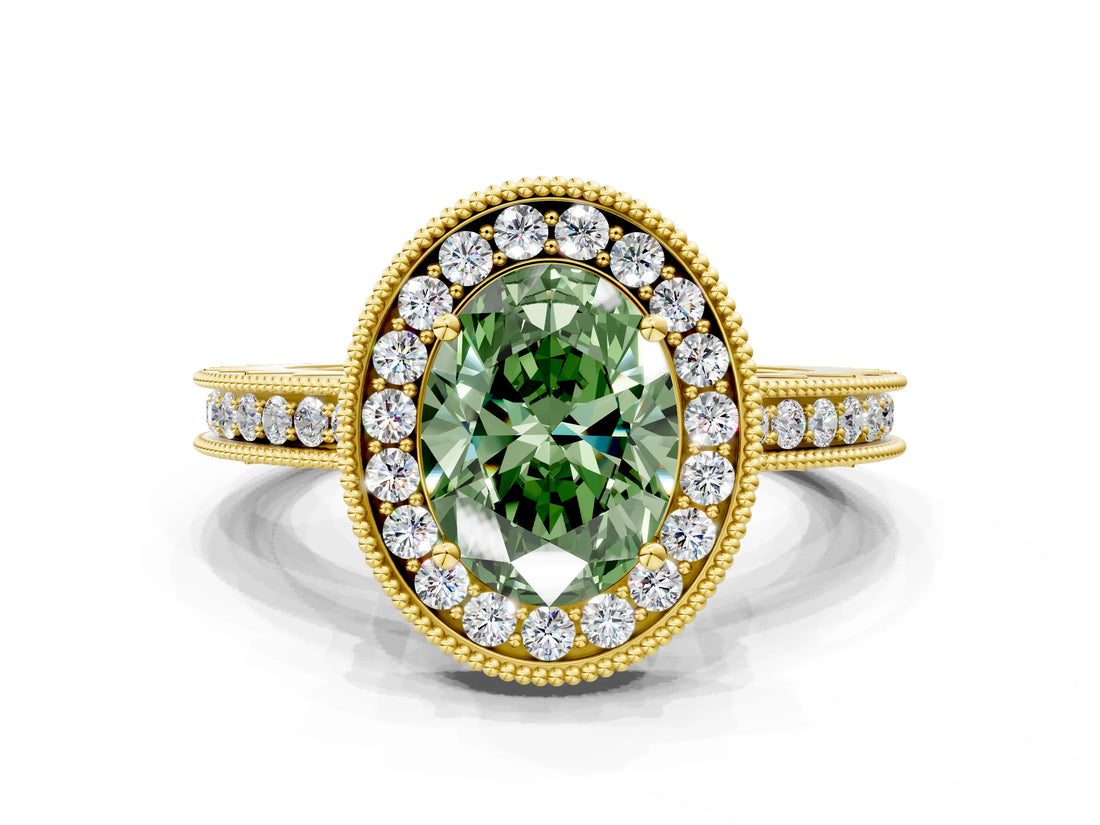 Yellow gold Fancy Green Oval  Halo Diamond Engagement Ring with Milgrain Pave Band and Four-Prong Setting_207