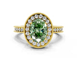 Yellow gold Fancy Green Oval  Halo Diamond Engagement Ring with Milgrain Pave Band and Four-Prong Setting_207